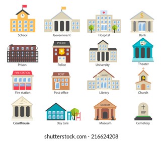 Color government buildings  icons set in flat design style  vector illustration  Includes school  hospital  police  fire station  day care  university etc   