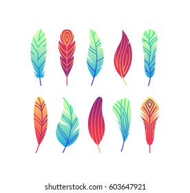 Color gradient abstract feather set. Bright vector symbols. 