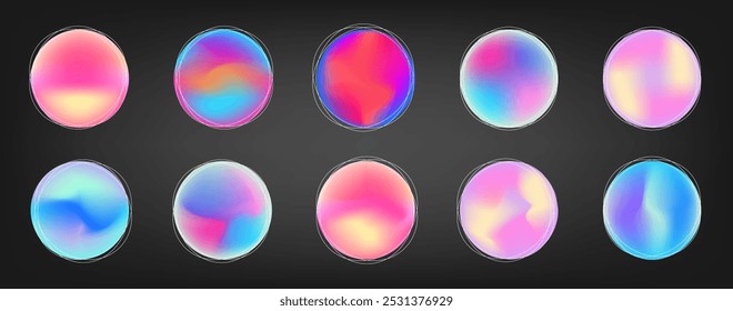 Color gradient abstract shape colors blend mesh with neon light, vector shapes. Color blend gradation texture, holographic iridescent round circles with liquid vibrant gradient.