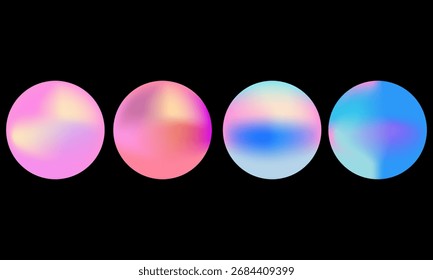 As cores da forma abstrata do gradiente da cor misturam a malha com a luz de néon, formas vetoriais. Textura de gradação de mistura de cores, círculos redondos iridescentes holográficos com gradiente vibrante líquido.