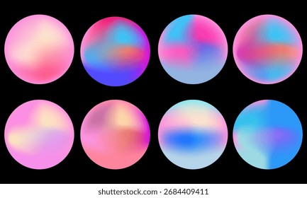 Color gradient abstract shape colors blend mesh with neon light, vector shapes. Color blend gradation texture, holographic iridescent round circles with liquid vibrant gradient.