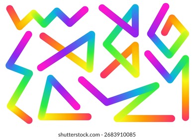 Color gradient abstract shapes isolated on white background. Wavy curved rainbow ribbons. Vector neon colors geometric design elements. Dynamic squiggles and fluid figures.