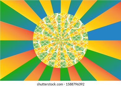 Color gradient background Blue, green, yellow, orange wheel Radiant like the sun In the middle there is a circle of green and orange Thai motifs.
