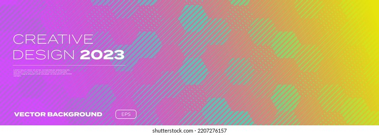 Color gradient background, geometric halftone pattern, vector abstract trendy graphic design. Honeycomb mosaic line pattern in orange, yellow, red and purple pink halftone gradient background