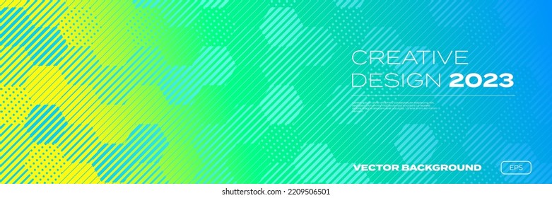 Color gradient background, geometric halftone pattern, vector abstract trendy graphic design. Honeycomb mosaic line pattern in blue and yellow green halftone gradient background