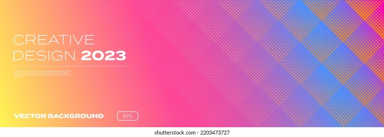 Color gradient background, halftone pattern, vector abstract trendy geometric graphic design. Simple minimal square and dots halftone yellow blue orange and pink color gradient pattern background
