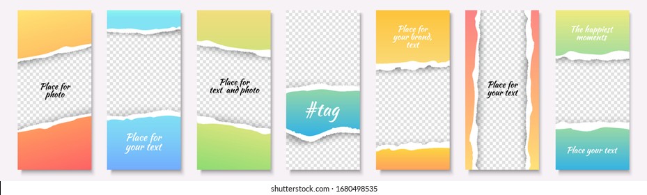 Color gradient background vector set, social media stories design. Soft colour backgrounds with torn paper frames for photos. Modern screen vector design for mobile app, online store, blog templates.