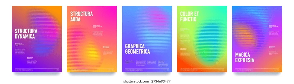 Fondos de gradiente de color con círculos de gradación de luz de neón y ruido de grano de semitono, carteles de Vector. Colores de neón iridiscentes holográficos que se mezclan con el resplandor de la malla de transición fluorescente cromática