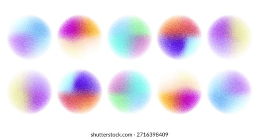 Color gradient circle with grain noise texture, vector abstract watercolor holographic shapes.Vibrant set of aura glow.Watercolor effect mesh.
