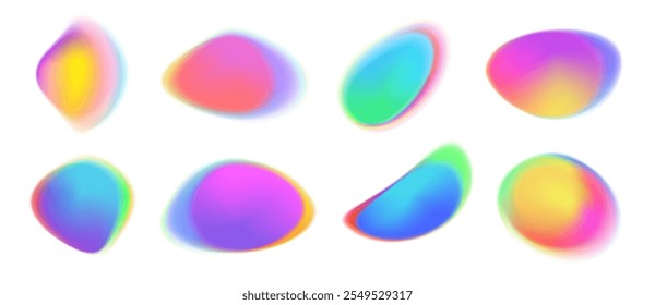 Color gradient circle. Holographic iridescent shapes, abstract color round blobs with soft blend of neon light, vibrant gradient blur liquid circles. Vector set.