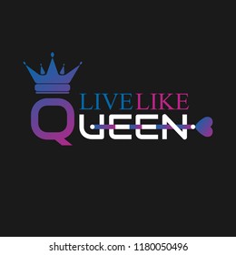 Color gradient flat icon crown silhouette and text- live like a Queen. Vector minimal illustration of identity logo for shop, app store, elegant boutique, sign for beauty saloon or emblem for fitness