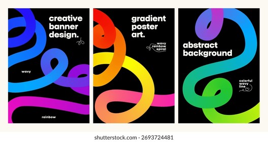 Fondos de línea de degradado de color. Formas líquidas onduladas dinámicas, Anuncios oscuros mínimos abstractos con trazo de pincel 3D y Elementos en espiral. Conjunto de póster de Vector.