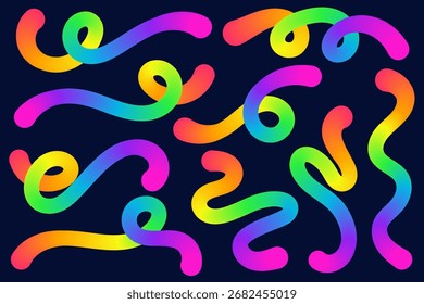 Color gradient lines. Abstract wavy shapes. Vector curved rainbow spiral elements on dark background. Dynamic squiggle fluid gradation strokes for poster and banner design.