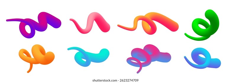Color gradient lines set. Colorful graphic wavy shapes. Vibrant curved paint lines with smooth transitions. Modern artistic design elements isolated on white. Abstract 3D vector illustration.