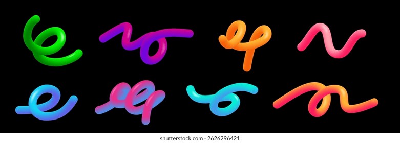 Linhas de gradiente de cor definidas. Formas onduladas gráficas coloridas. Linhas de pintura curvas vibrantes com transições suaves. Elementos modernos de design artístico isolados em preto. Ilustração vetorial 3D abstrata.