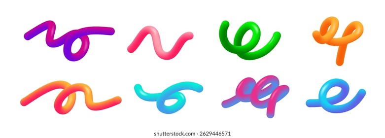 Linhas de gradiente de cor definidas. Formas onduladas gráficas coloridas. Linhas de pintura curvas vibrantes com transições suaves. Elementos modernos de design artístico isolados em branco. Ilustração vetorial 3D abstrata.
