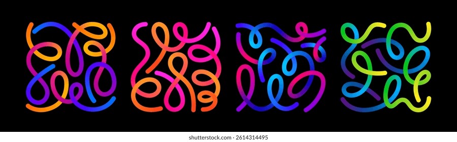 Color Gradient Lines Shapes. Abstract Vector Pattern Design. 3D Graphic Elements on a Black Background. Fun Wavy Rainbow Ribbons on Square Shapes