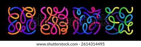 Color Gradient Lines Shapes. Abstract Vector Pattern Design. 3D Graphic Elements on a Black Background. Fun Wavy Rainbow Ribbons on Square Shapes
