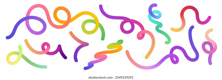 Color gradient lines. Wavy rainbow gradient swirly shapes, colorful iridescent fluid dynamic ribbons. Flowing spiral strokes vector isolated set.