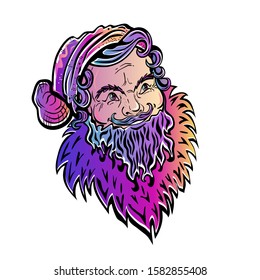 Color gradient Santa Claus head. Stock vector illustration. Bright christmas traditional symbol. Handsome hipster men. Winter sticker.
