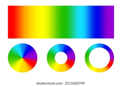 Color gradient set. Rainbow spectrum bar and circular gradients. Vector color transitions.