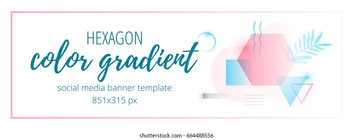 Color gradient social media banner template with geometric shapes and palm leaf. Trendy Memphis style vector design 851x315 px size. Perfect template for SMM promoting