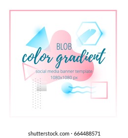 Color gradient social media banner template with geometric shapes and palm leaf. Trendy Memphis style vector design 1080x1080 px size. Perfect template for SMM promoting