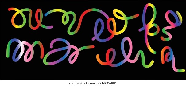 Color gradient wave. Rainbow gradient wavy strokes. Colorful curly brushstrokes, abstract swirl shapes, retro fluid line elements.