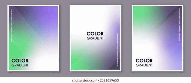 Color gradients posters set. Green, white and violet gradients. Brochure templates with text. Bright wallpaper and texture. Flat vector collection isolated on grey background