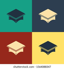 Color Graduation cap icon isolated on color background. Graduation hat with tassel icon. Vintage style drawing. Vector Illustration