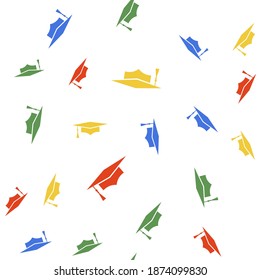 Color Graduation cap icon isolated seamless pattern on white background. Graduation hat with tassel icon. Vector.