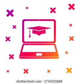 Color Graduation cap and laptop icon. Online learning or e-learning concept icon isolated on white background. Gradient random dynamic shapes. Vector Illustration