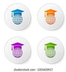 Color Graduation cap on globe icon isolated on white background. World education symbol. Online learning or e-learning concept. Set color icon in circle buttons. Vector Illustration