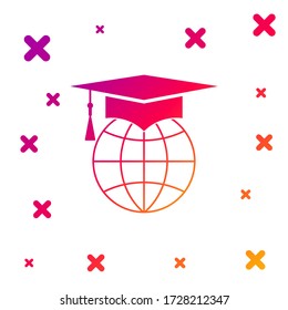 Color Graduation cap on globe icon isolated on white background. World education symbol. Online learning or e-learning concept. Gradient random dynamic shapes. Vector Illustration