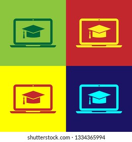 Color Graduation cap on screen laptop icon isolated on color backgrounds. Online learning or e-learning concept. Flat design. Vector Illustration 