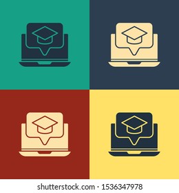 Color Graduation cap on screen laptop icon isolated on color background. Online learning or e-learning concept. Vintage style drawing. Vector Illustration