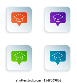 Color Graduation cap in speech bubble icon isolated on white background. Graduation hat with tassel icon. Set icons in colorful square buttons. Vector Illustration
