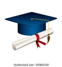 color graduation hat with diploma, vector illustraction design