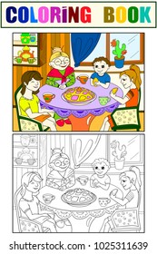 Color Grandmother is sitting at the table. Grandchildren came to visit. Cooking pies. Coloring, black and white