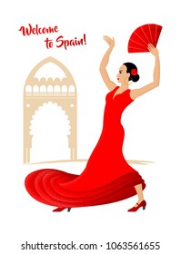 Color graphic cartoon drawing of a beautiful Spanish flamenco dancer in a red dress and with a fan on the background of the old architecture. Stippling, illustration, vector, isolated on background.