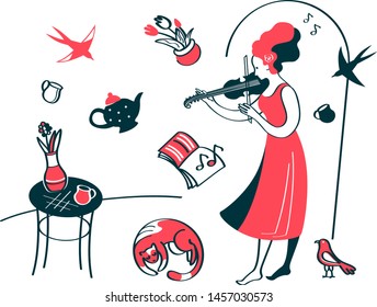 Color graphic doodle drawing, abstract flat set, minimalistic design with woman musician and household items. Young woman passionately playing the violin. Vector illustration, isolated on background.