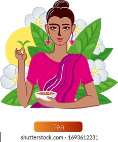 Dibujo gráfico a color de carácter, mujeres - escopeta del té indio. Ilustración vectorial, aislada en fondo blanco, para envasado y bebida publicitaria.