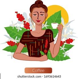 Color graphic drawing of character, women - picker of coffee. Vector illustration, isolated on white background, for packaging and advertising drink.