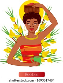 Dibujo gráfico a color de carácter, mujeres - escopeta de rooibos salvajes africanos. Ilustración vectorial, aislada en fondo blanco, para envasado y bebida publicitaria.