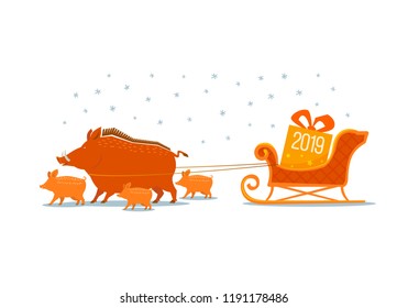 Color graphic drawing family of cheerful boars carrying Santa's New Year sleigh in which lies big gift with numbers 2019. Vector symbol, illustration, isolated on background.