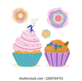 Color graphic drawing set of cartoon flat cakes with blueberries, cream, and a silhouette of a woman with a pastry whisk. Vector food illustration isolated on a white background.
