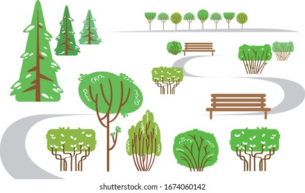 Color graphic drawing set of plant icons or symbols - trees and bushes in the park on nature. Vector illustration isolated on a white background.