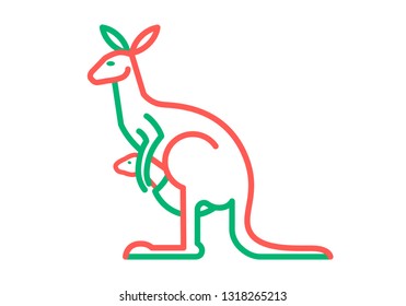 Color graphic flat symbol of Australian abstract wild animal kangaroo, mother and baby, linear silhouette, for icon, logo, print, packaging, design. Vector illustration isolated on background.