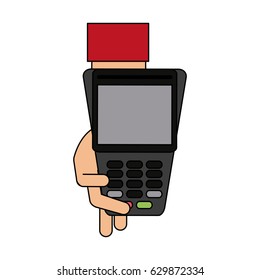 color graphic hand holding a dataphone digital device