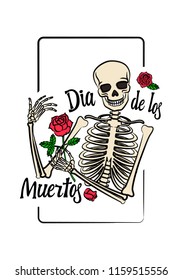 Color graphic of human skeleton with smiling skull, holding rose in bones, around letters – Dia de Muertos. Vector engraving, hand drawing illustration for Mexican Halloween - Day of Dead, for tattoo.